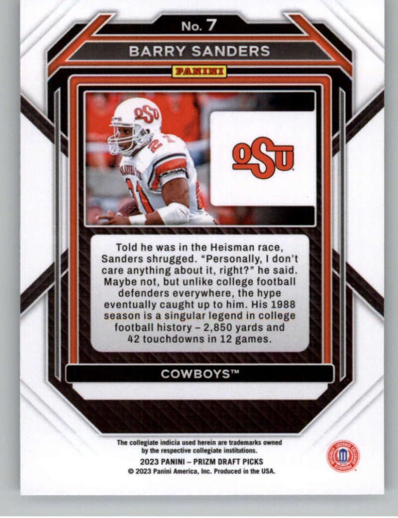 2023 Panini Prizm Draft Picks #7 Barry Sanders Oklahoma State Cowboys Official NCAA Football Card in Raw (NM or Better) Condition