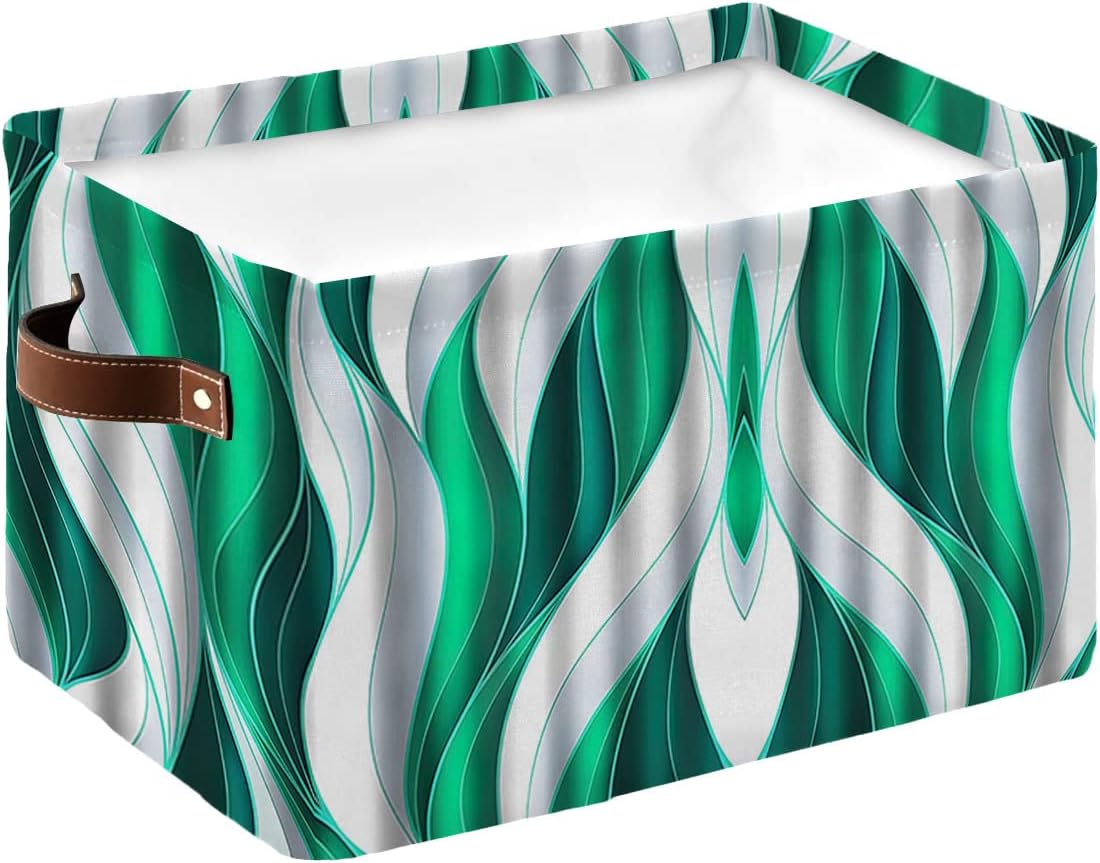 Teal Geometric Storage Basket for Organizing Shelves, Collapsible Storage Bins Boxes with Handle, Modern White Ripple Abstract Art Canvas Hamper