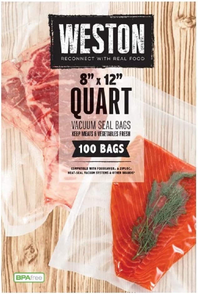 Weston Pro-2300 – Sellador al vacío de acero inoxidable y bolsas de alimentos Weston de 8 por 12 pulgadas, paquete de 100 unidades