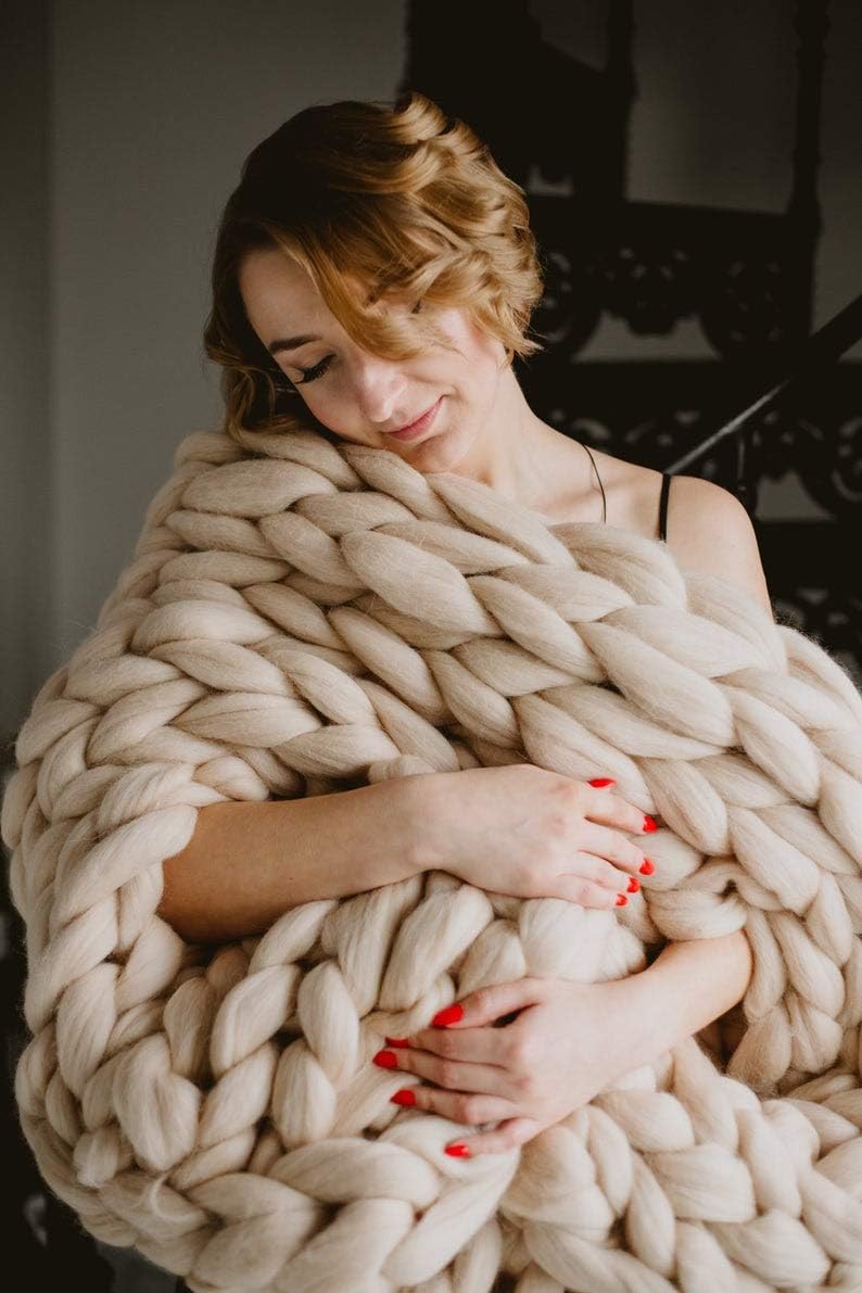 Manta de punto para sofá, hecha a mano, manta gruesa para sofá, cama, manta de punto grueso (camello de 80 x 80 pulgadas)