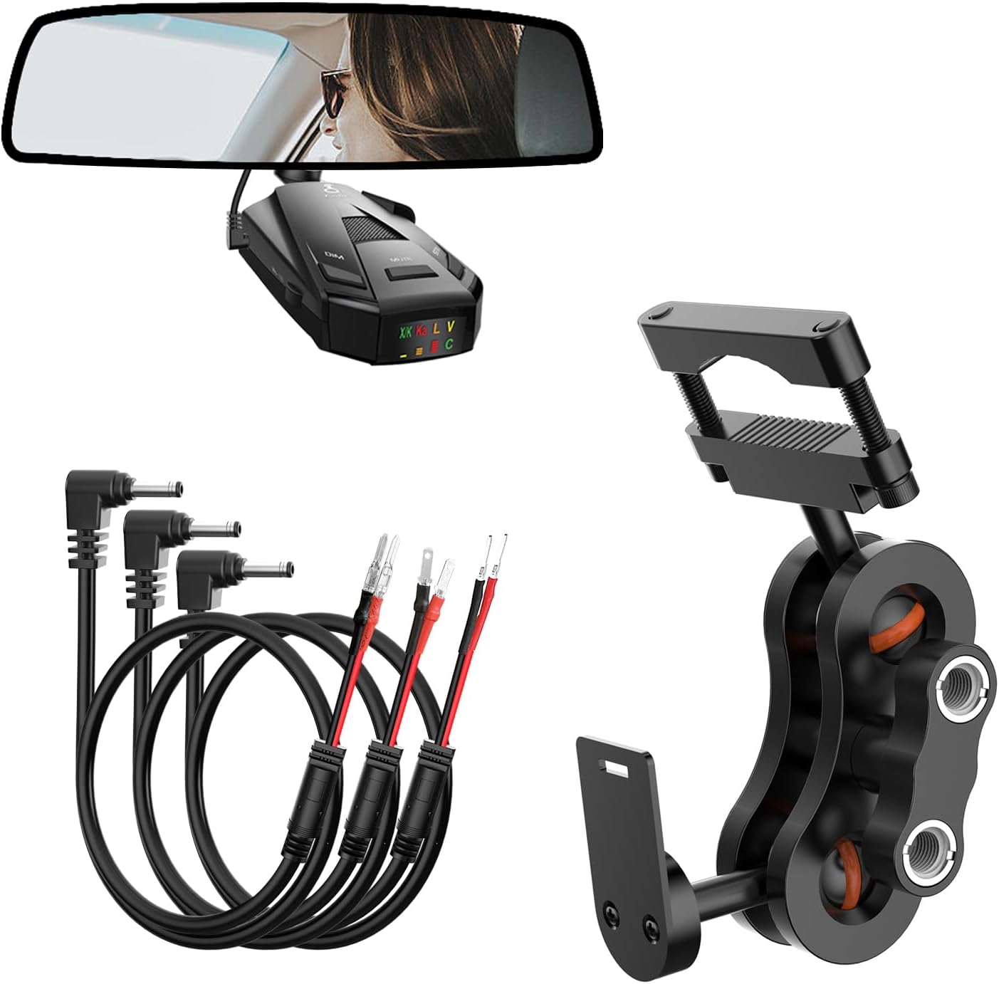 Soporte para detector de radar, soporte de montaje de radar de barra de espejo retrovisor+kit de cable de alimentación de cable duro para espejo