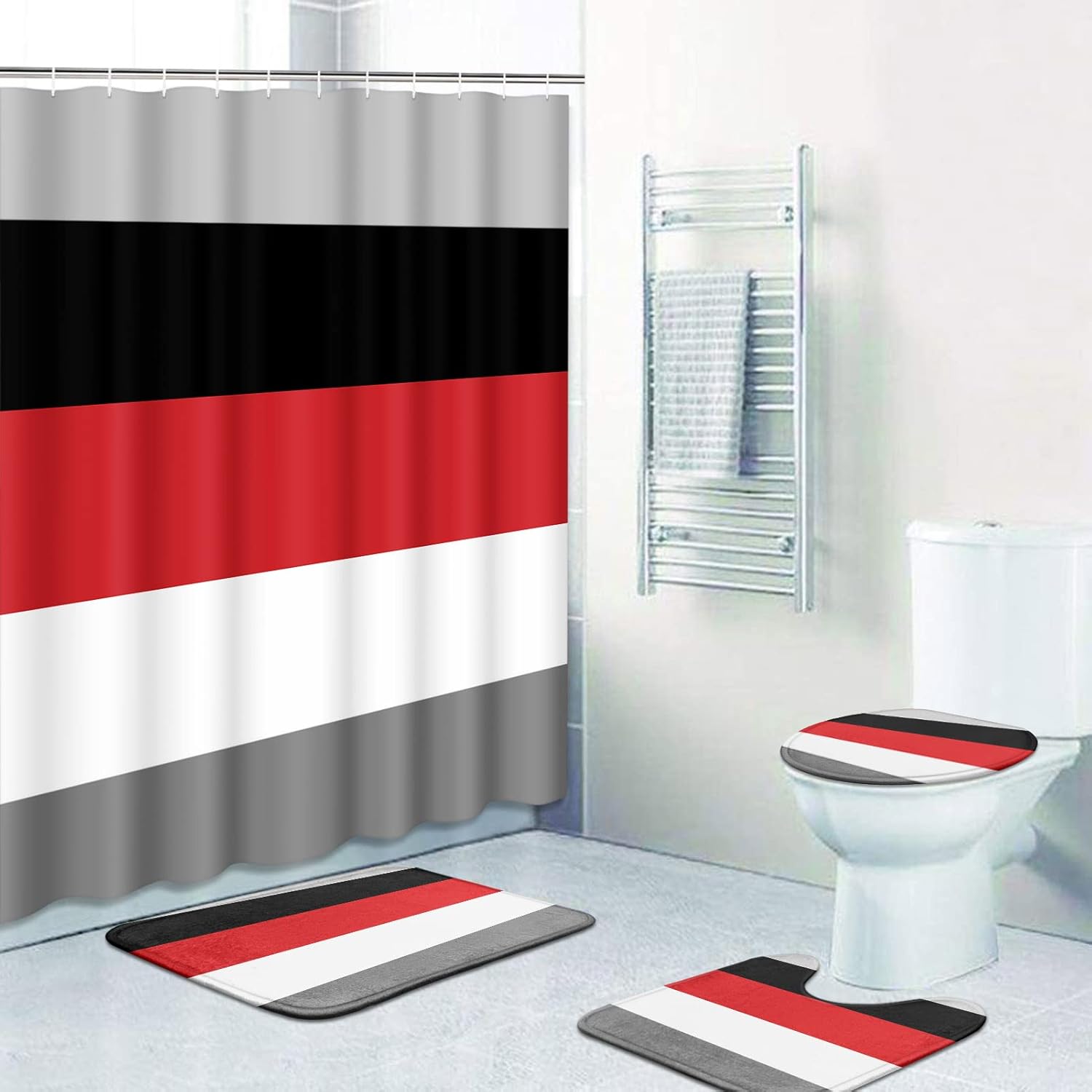 ArtSocket Juego de baño geométrico rojo con cortina de ducha y accesorios de alfombras, cortina de ducha moderna a rayas rojas, grises, negras y
