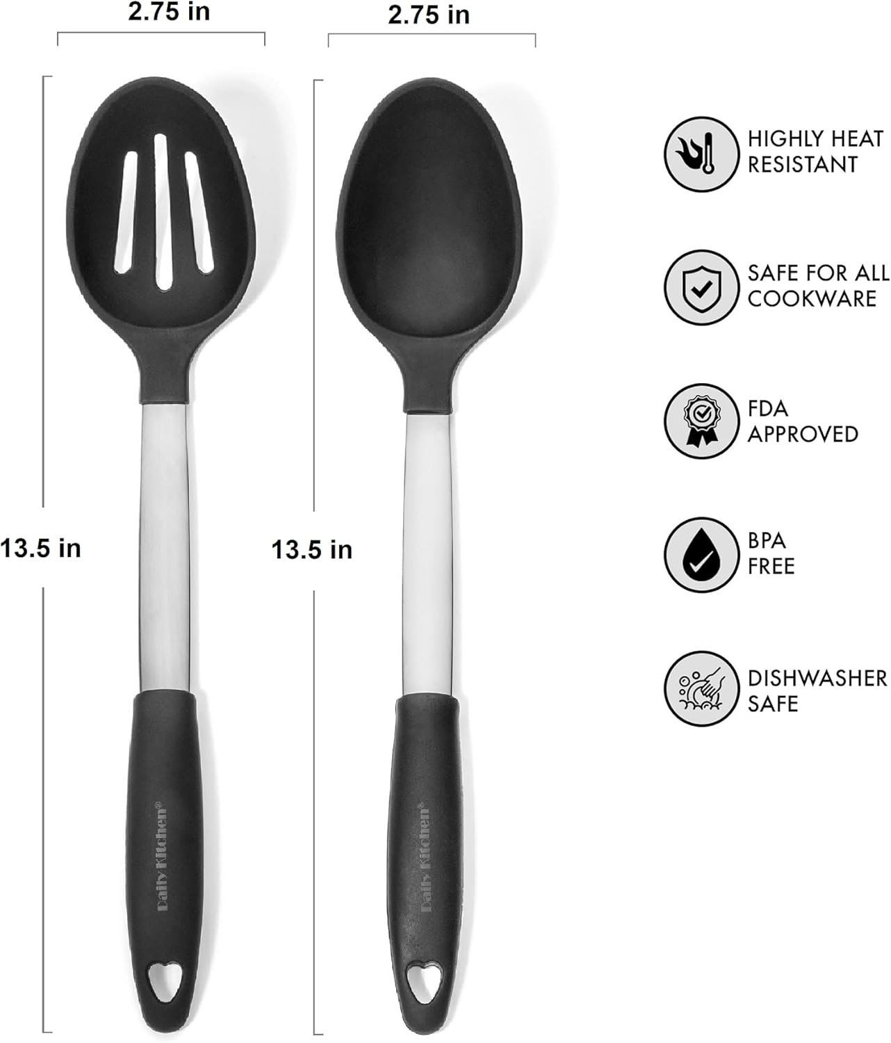 Juego de cucharas y espátulas de silicona resistente al calor y acero inoxidable – Cucharas y volteador sólido con agarre de goma – Espátulas y