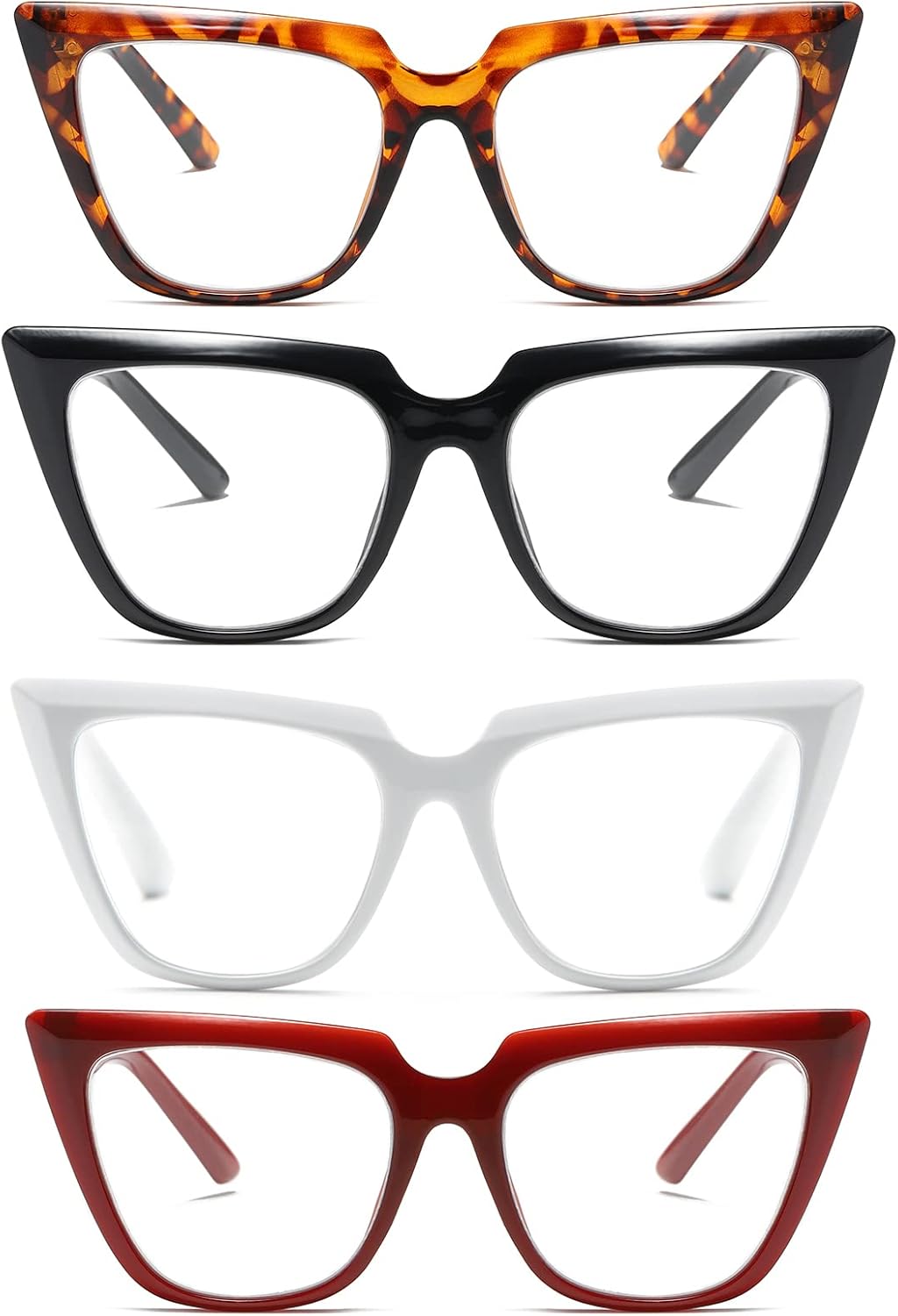 KoKoBin Paquete de 4 lentes de lectura de gran tamaño para mujer, bisagra de resorte con bloqueo de luz azul, Negro, rojo, blanco y leopardo