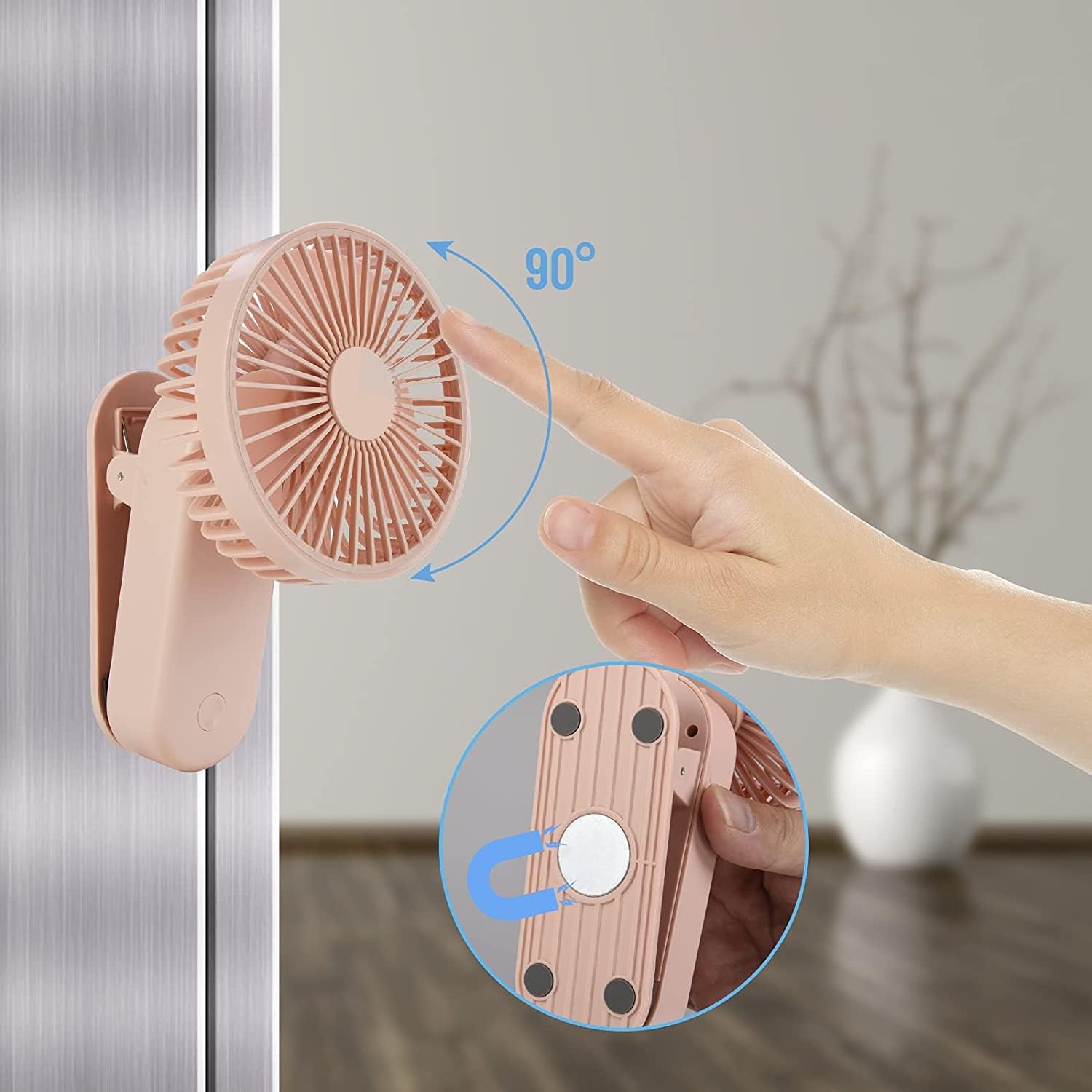 Mini ventilador de escritorio portátil con clip, 2400 mA recargable USB, funciona con pilas, ventilador de cochecito con magnético, rosa