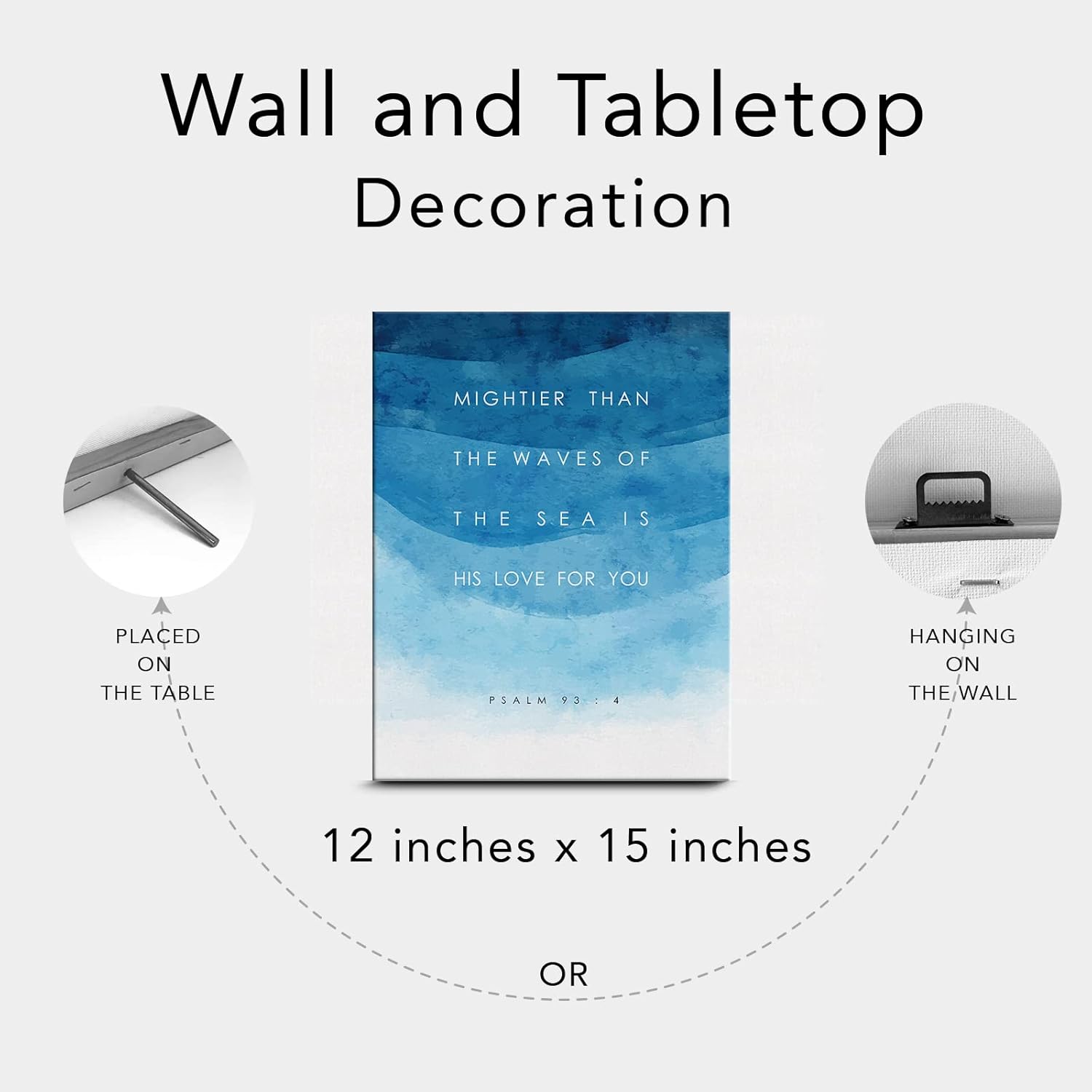 Lienzo con versículo bíblico para decoración de pared con versículo bíblico más poderoso que las olas Salmo 934, pintura de pared, arte azul, 12 x