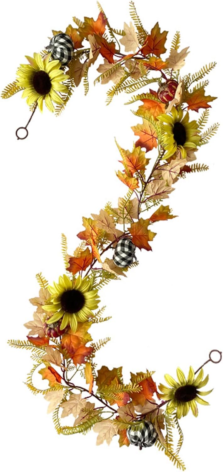 belupai Guirnalda de calabaza de hoja de arce de 5.9 pies, girasoles colgantes artificiales, vid de Acción de Gracias, hojas de arce otoñales, vid