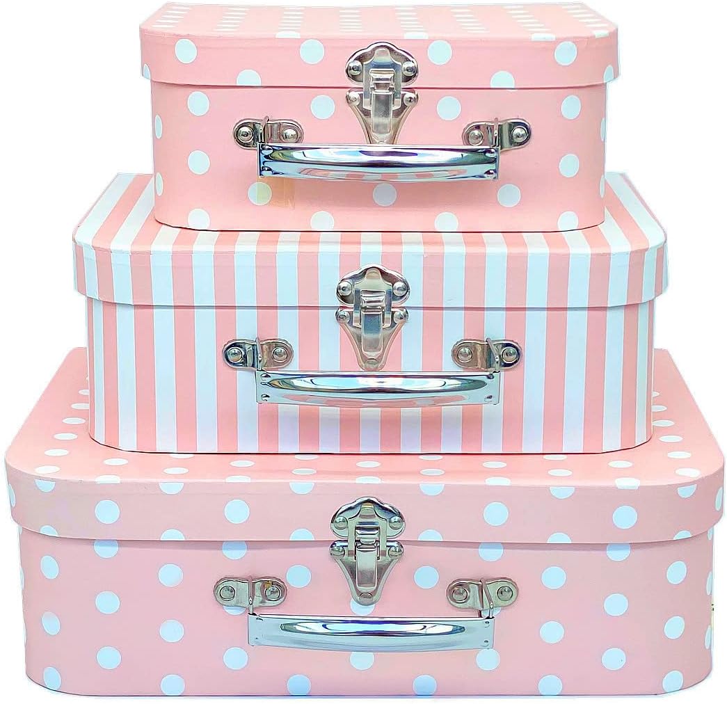 Amedoo Juego de 3 maletas de cartón decorativas, compatibles con organizador de almacenamiento Barbie, ropa de muñeca, juguetes, fotos, accesorios,