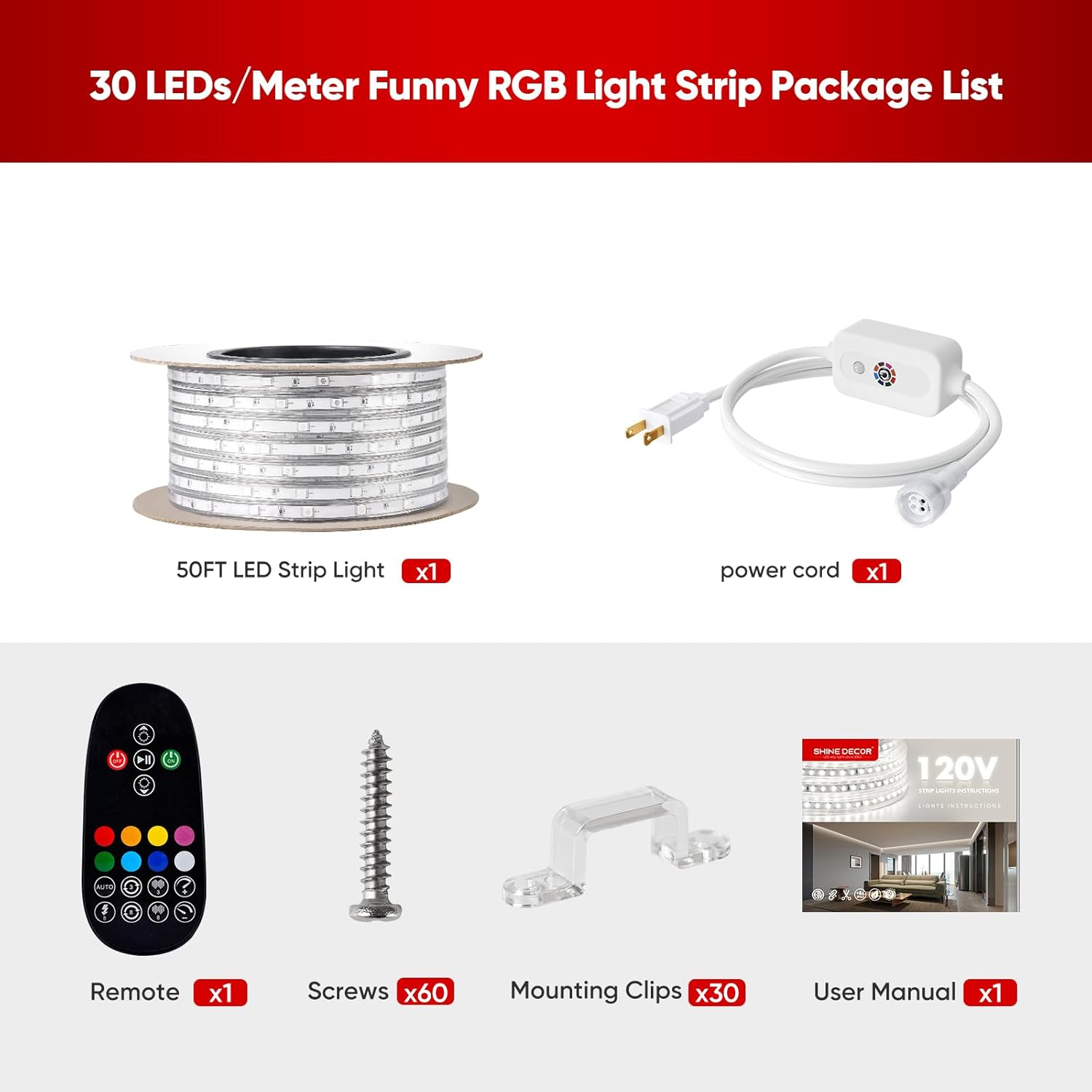 Shine Decor AC120V Lite – Tira LED RGB, 4F resistente al frío IP65, impermeable, control remoto, iluminación de tira multicolor, regulable de