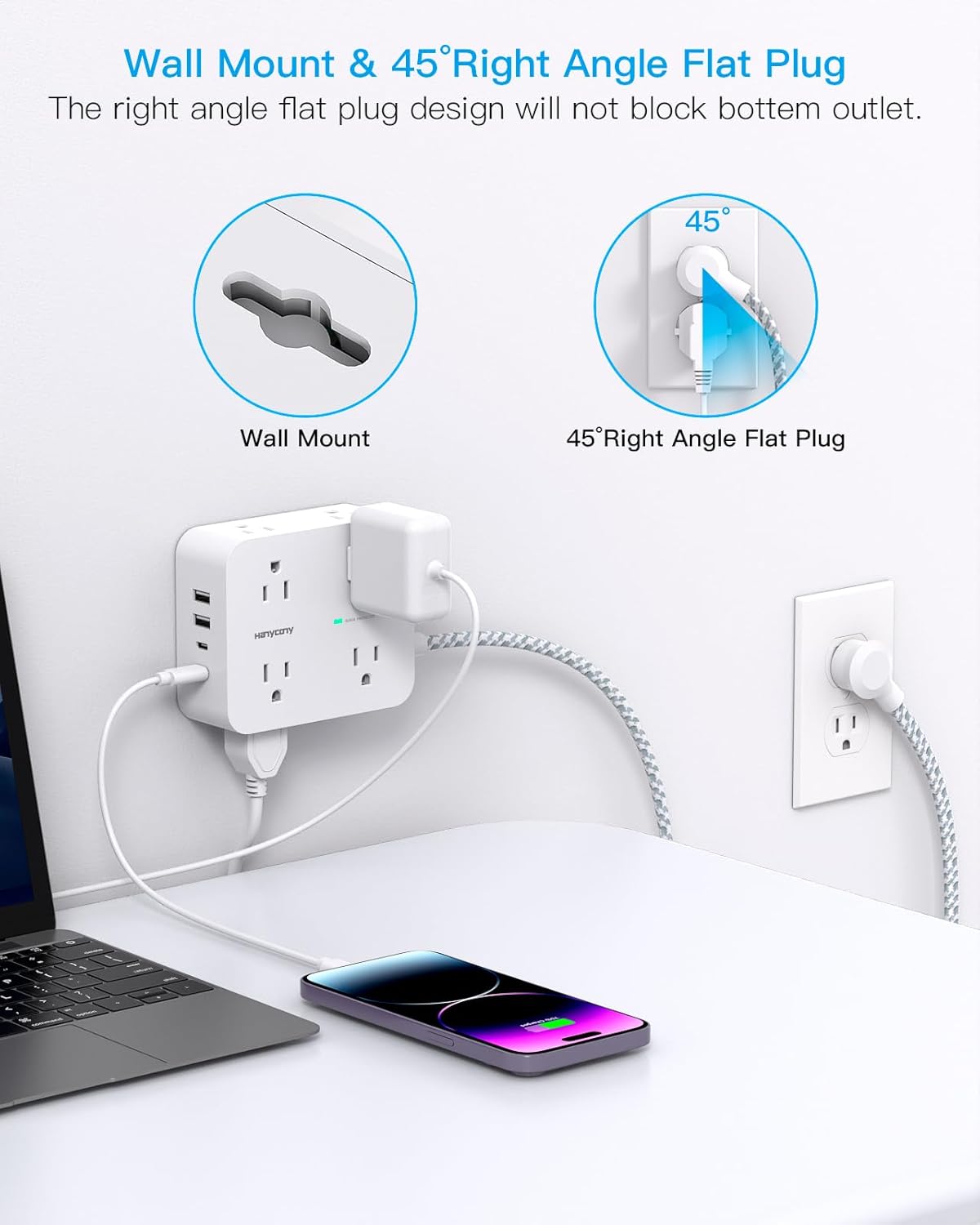 Regleta protectora de sobretensiones de 15 pies de largo, cable de extensión de 15 pies con 8 tomas, 4 puertos USB (2 USB C), enchufe plano,