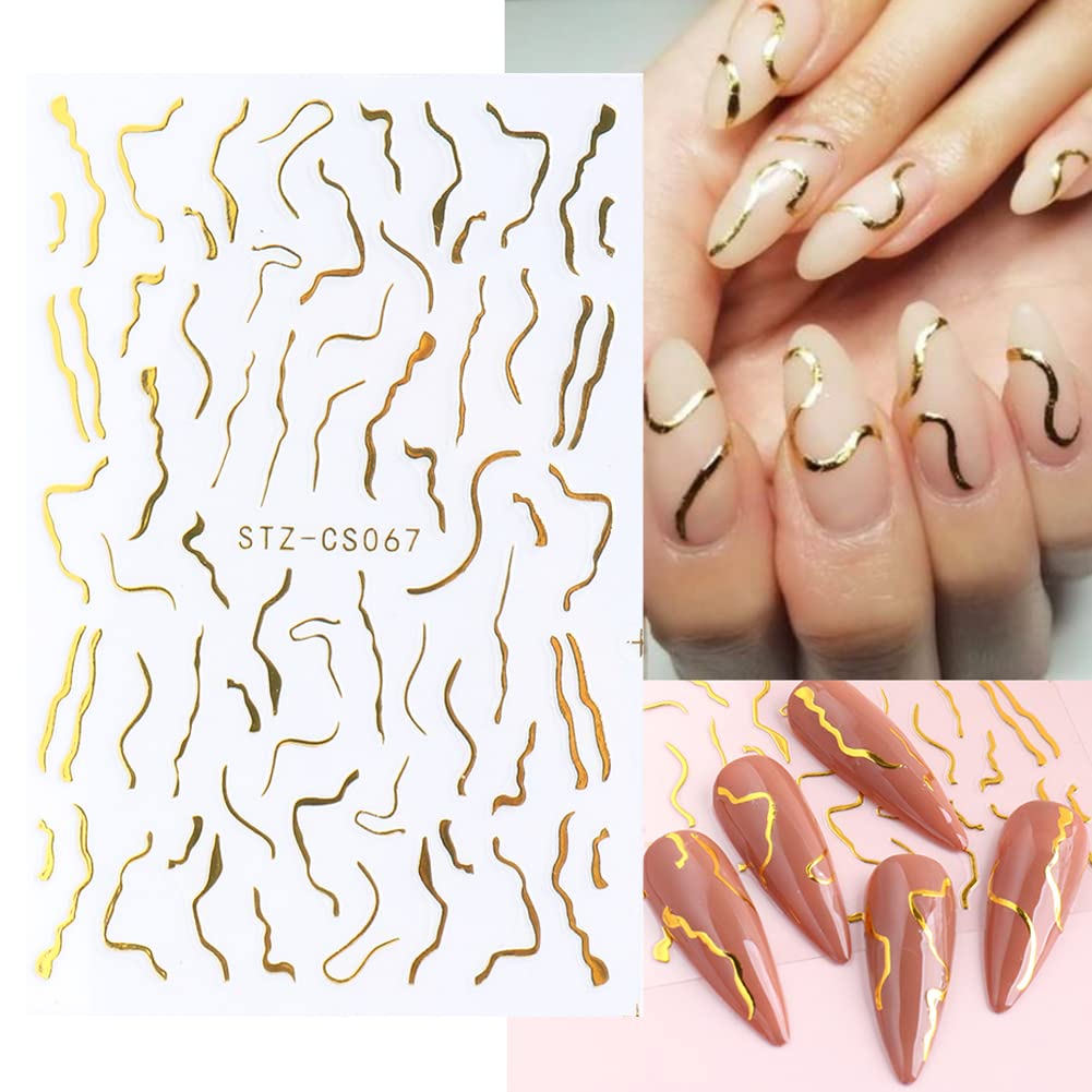 12 hojas de calcomanías de uñas 3D autoadhesivas doradas, líneas de rayas onduladas coloridas, diseños de uñas de estrella, luna, corazón, diseños