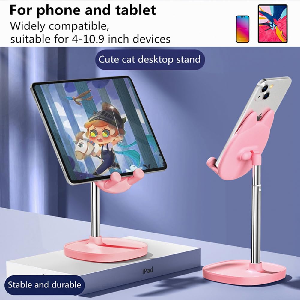Lindo soporte de teléfono para gato, soporte para teléfono celular con cabeza de gato para escritorio, ángulo y altura ajustable, compatible con