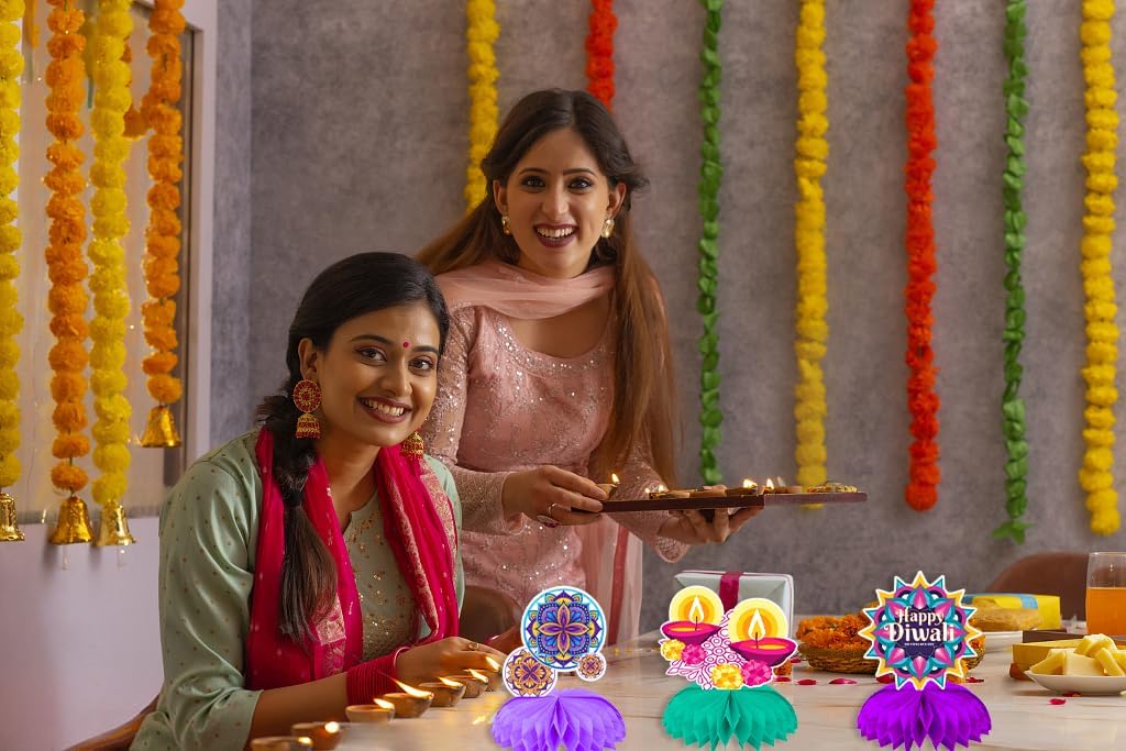 9 piezas de centros de mesa Happy Diwali Honeycomb Centerpieces Diwali Decoración de lámpara de aceite, centro de mesa Deepavali Candle Toppers para