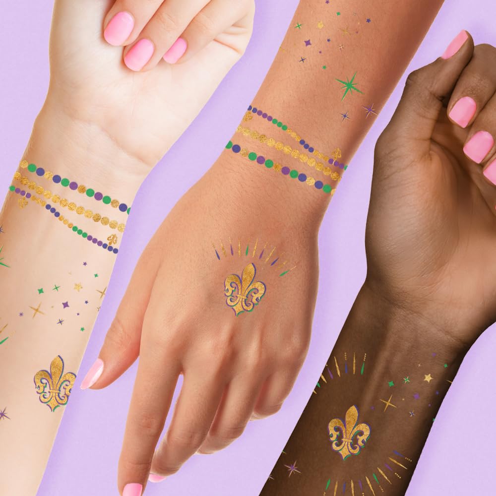 Flash Tattoos Mardi Gras Magic Variety juego de 25 tatuajes temporales  Recuerdo de fiesta de Mardi Gras  Flor de lis, cuentas de Mardi Gras,