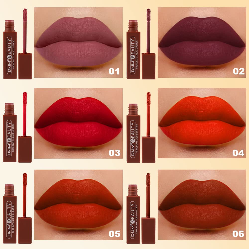 Juego de 6 lápices labiales líquidos de color chocolate mate, brillo de labios, para mujeres, color rojo oscuro profundo, 24 horas de permanencia en