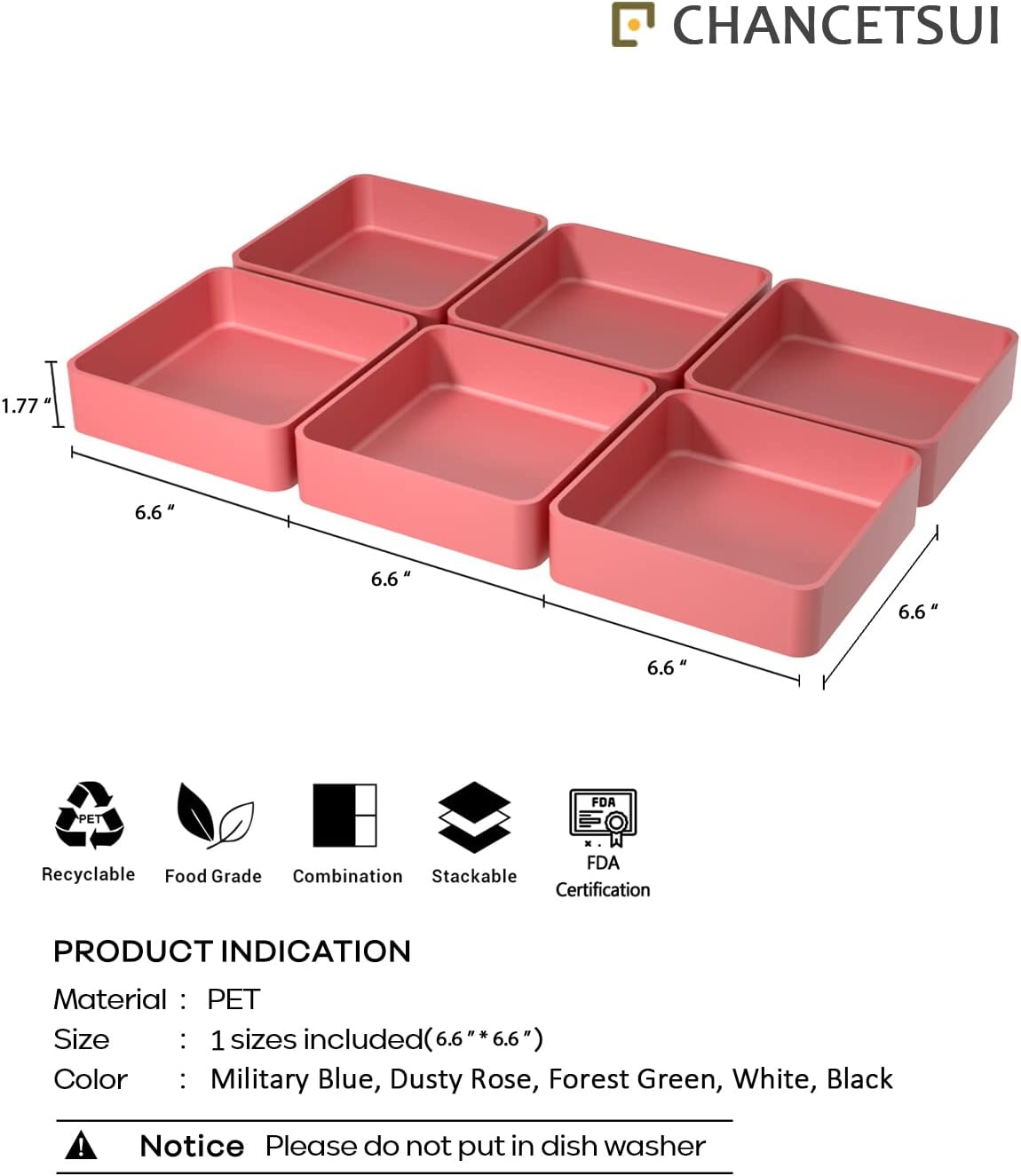 Juego de 6 organizadores de cajones apilables de 6.6 x 6.6 pulgadas, organizadores cuadrados de plástico para cajones de tocador y contenedores de