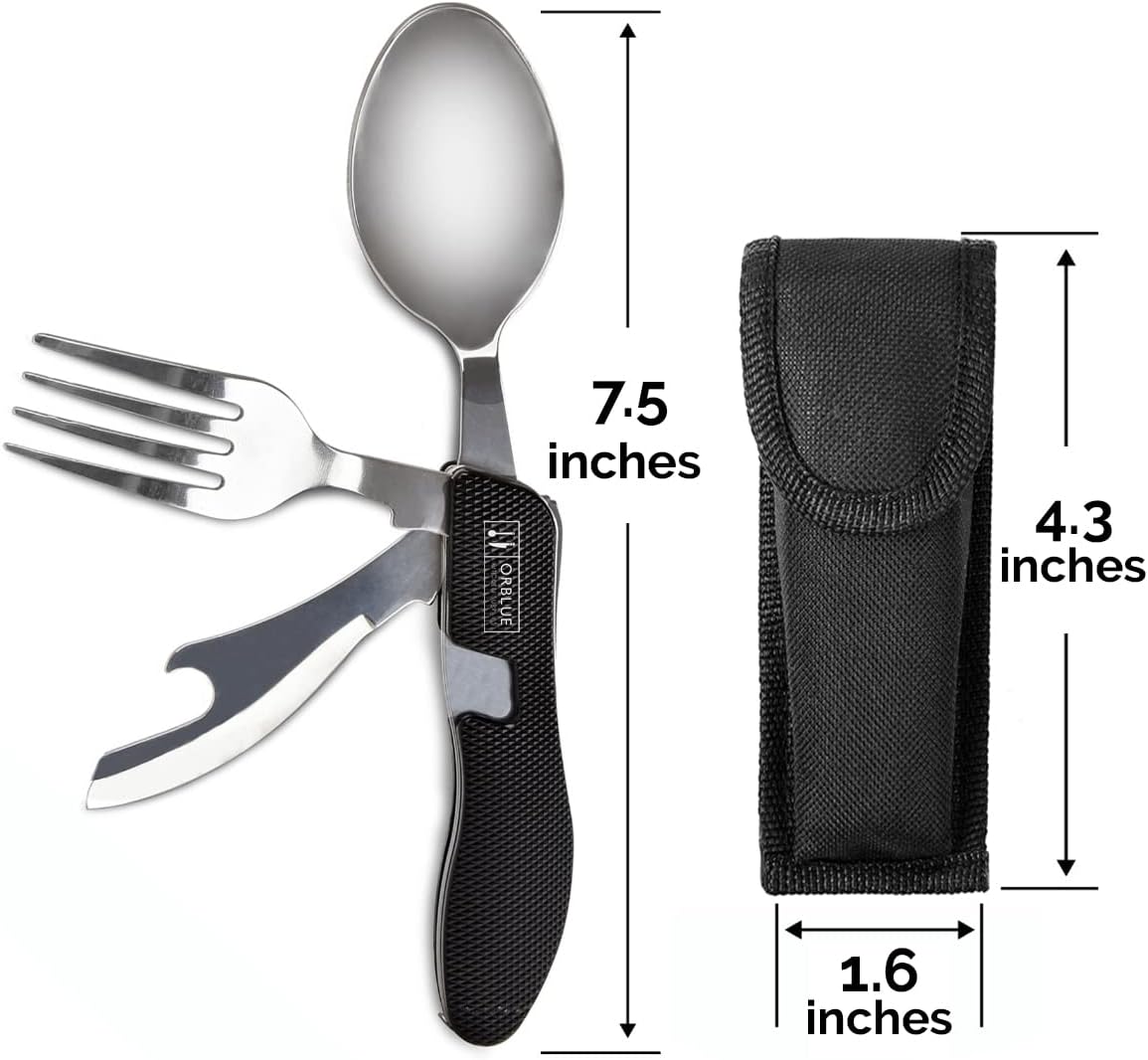 Orblue Utensilios de campamento 4 en 1, paquete de 2, cuchara portátil de acero inoxidable, tenedor, cuchillo y abridor de botellas,