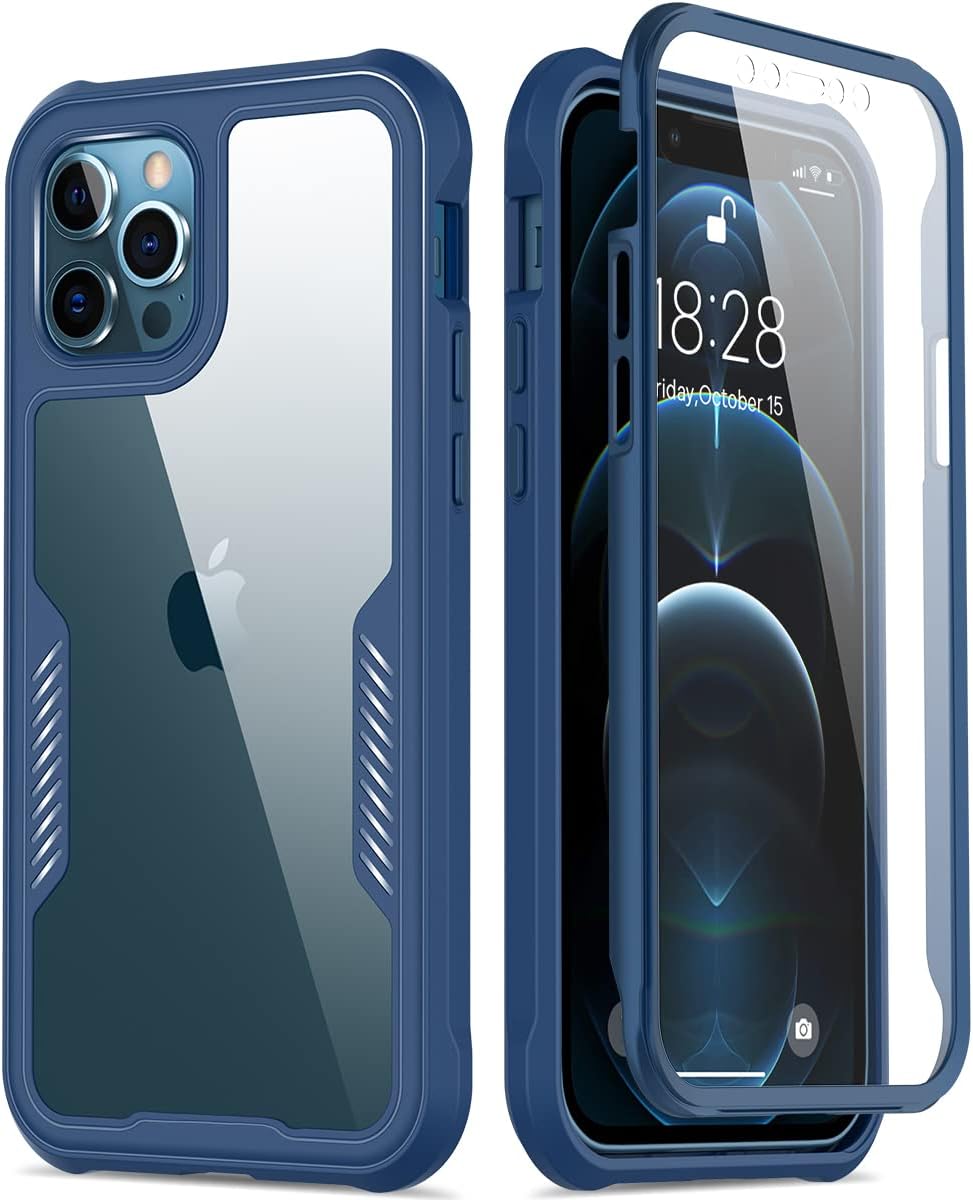 FUNMIKO Funda para iPhone 12 Pro Max, funda transparente con protector de pantalla integrado sensible al tacto, paso de grado militar de 21 pies,