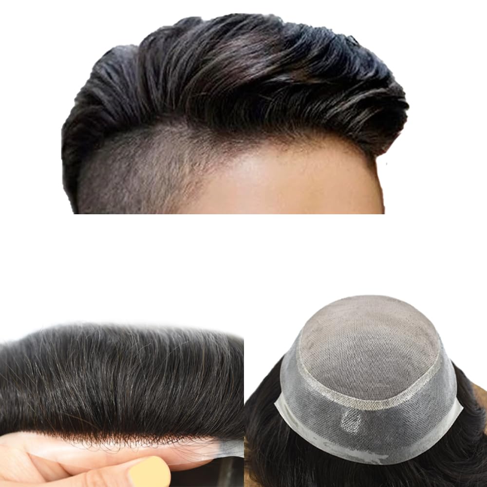 Toupee – Pieza de pelo para hombre, con revestimiento de poliéster fino, pelo humano real, tupé, 100% atado a mano, sistema de reemplazo de cabello