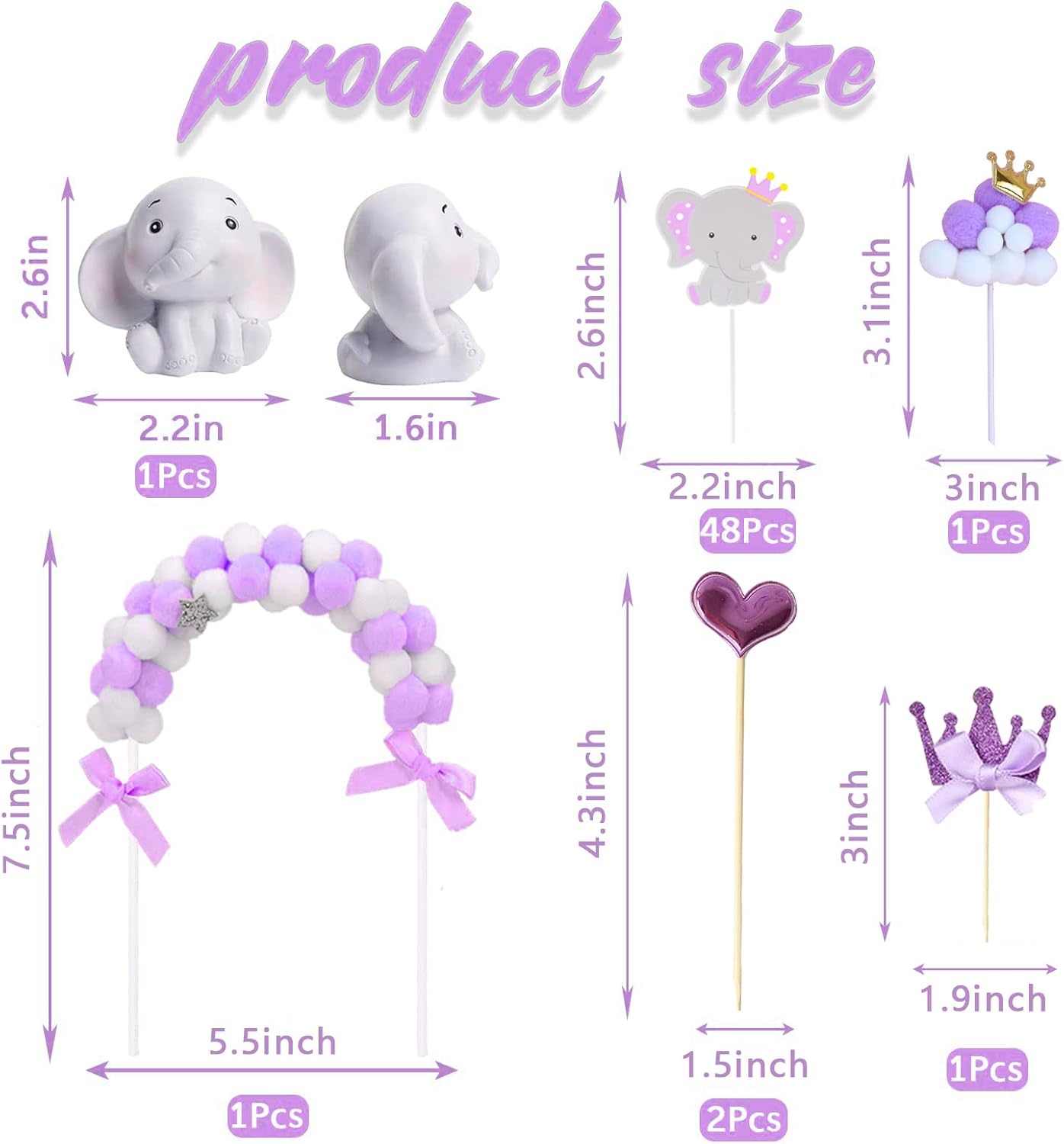 54 piezas de decoración de elefante para tartas de elefante, decoración de baby shower para niña, elefante, decoración de baby shower, decoración de