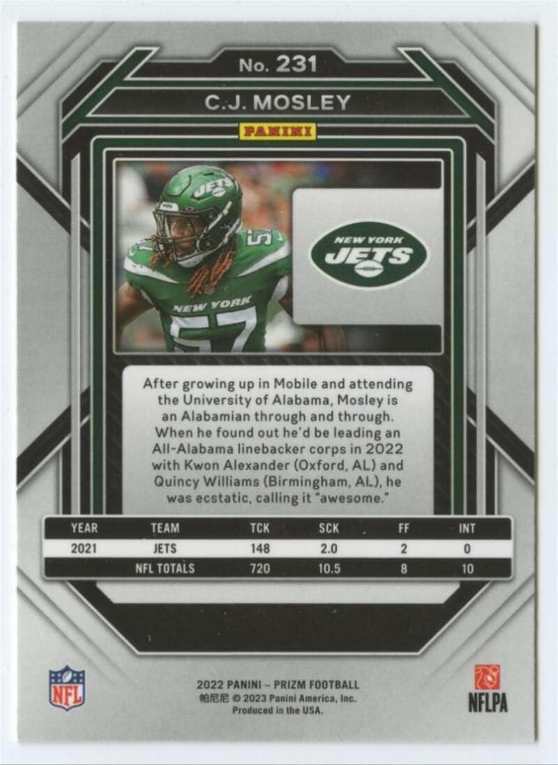 2022 Panini Prizm Football #231 C.J. Mosley New York Jets Official NFL Trading Card (Stock Photo shown, card is in Near Mint to Mint Condition)