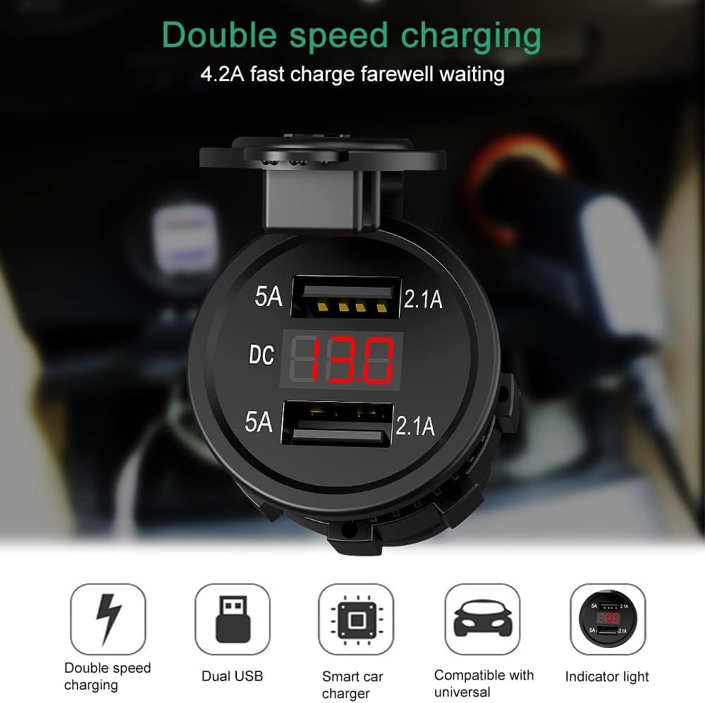 Enchufes para encendedor de cigarrillos de automóvil, 4.2 A, adaptador de toma de corriente de cargador USB dual de 12 V a 24 V LED voltímetro para