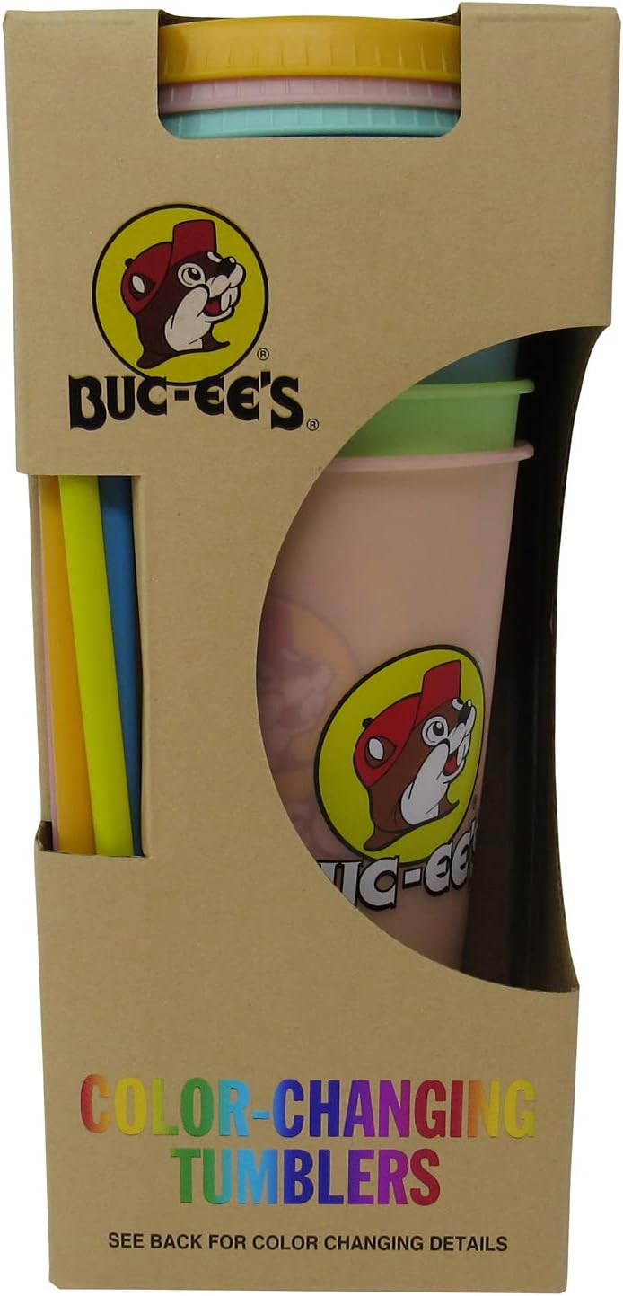Buc-ee’s Vasos que cambian de color, 5 vasos diferentes con tapas y popotes, capacidad para 25 onzas cada uno