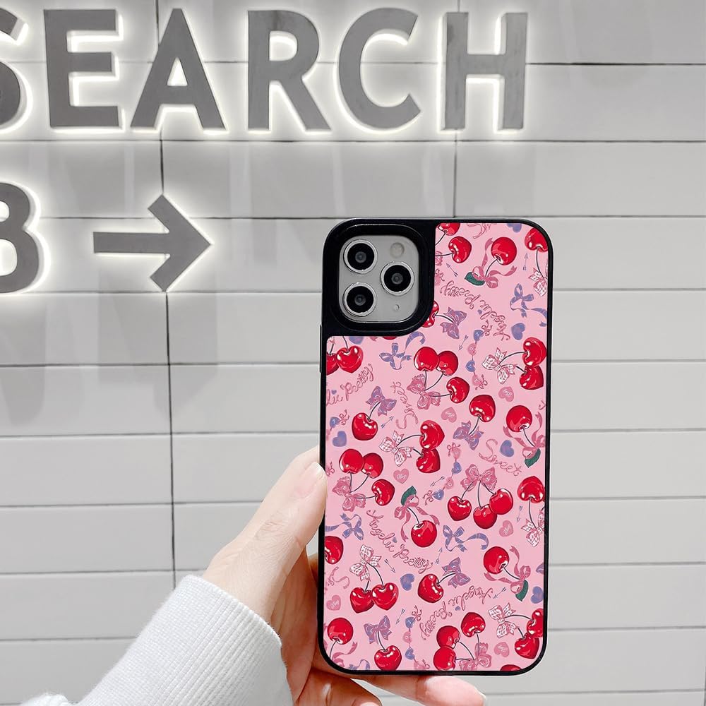 Bow – Funda protectora para iPhone 15 14 13 12 11 Pro Max Plus Mini XR X XS 7 8 SE, diseño de cinta de cereza rosa coqueta absorbente de golpes para