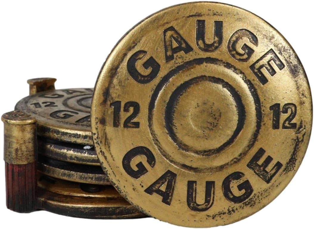 Ebros Gift Western – Juego de posavasos redondos de bala dorada de calibre 12 con 4 posavasos y soporte escultórico, figura decorativa, 5 pulgadas