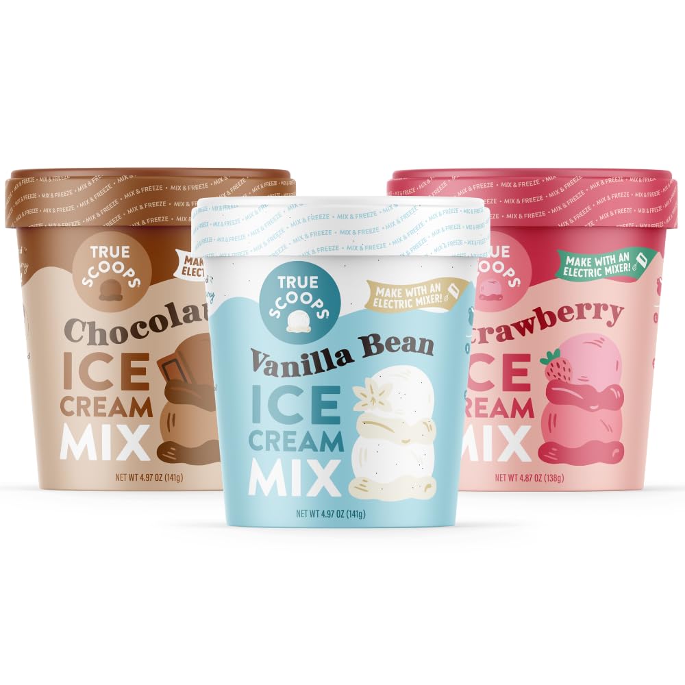 True Scoops Paquete de 3 mezclas de helado variado vainilla, chocolate, fresa. Añade un ingrediente mitad y mitad. Hace 1 pinta de helado con una