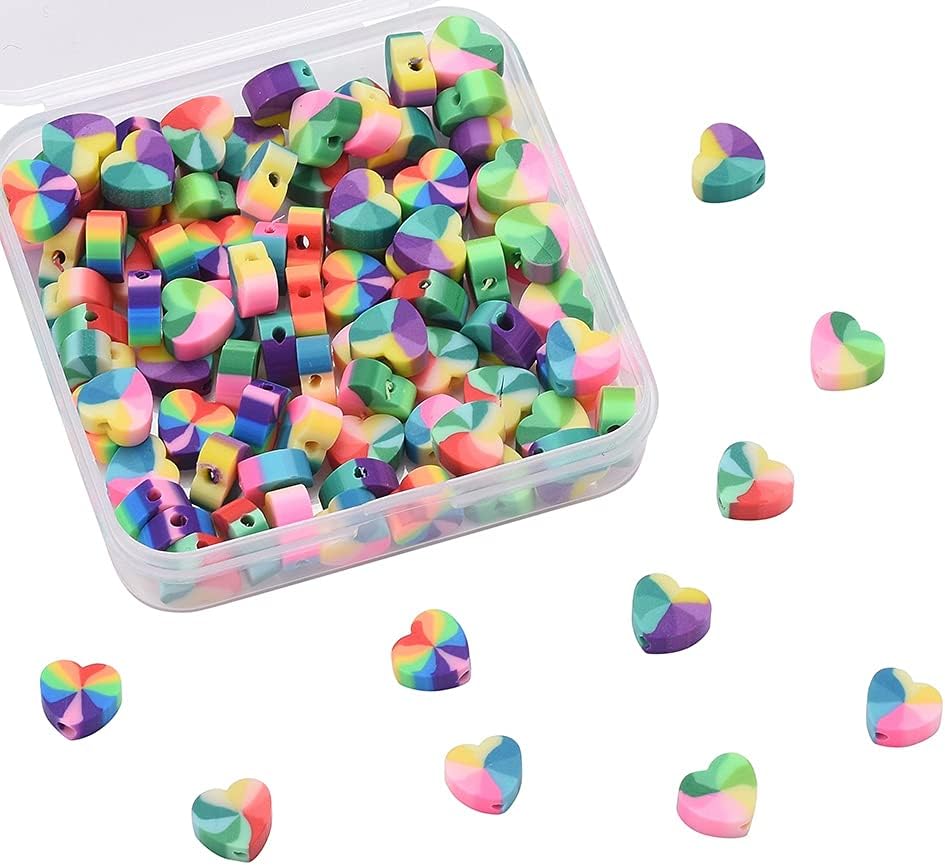 KitBeads 100 cuentas de corazón de polímero de arcilla arco iris en forma de corazón, cuentas espaciadoras de corazón de amor de arcilla para
