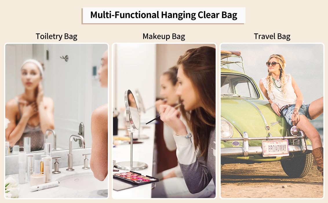 CUBETASTIC Bolsas de maquillaje transparentes, bolsa de aseo para artículos de tocador, bolsa de viaje colgante para artículos de tocador, 3