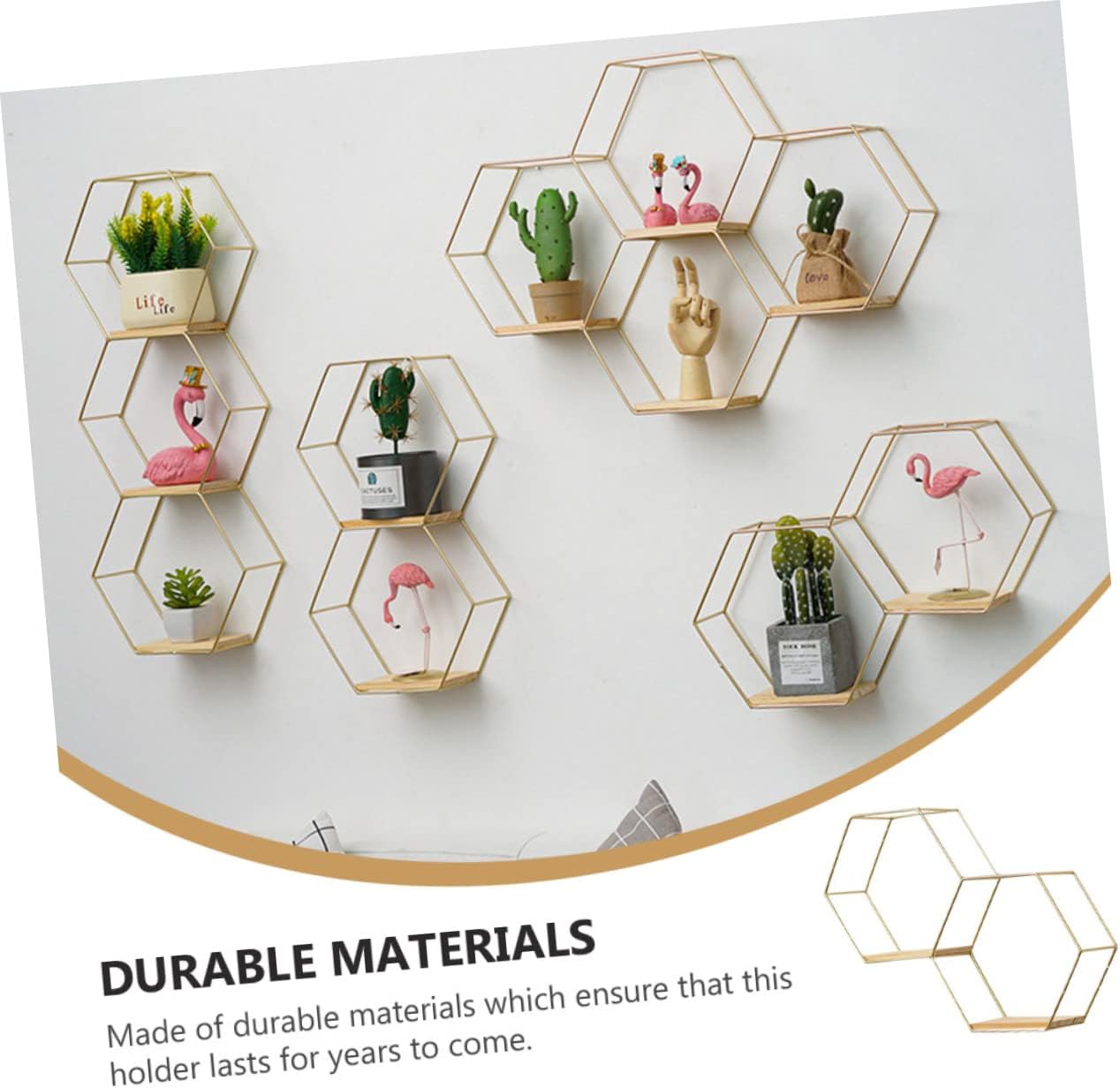 Cabilock Estante de pared para plantas pequeñas, soportes de metal para contenedores de madera, estantes de pared, decoración de alambre hexagonal,