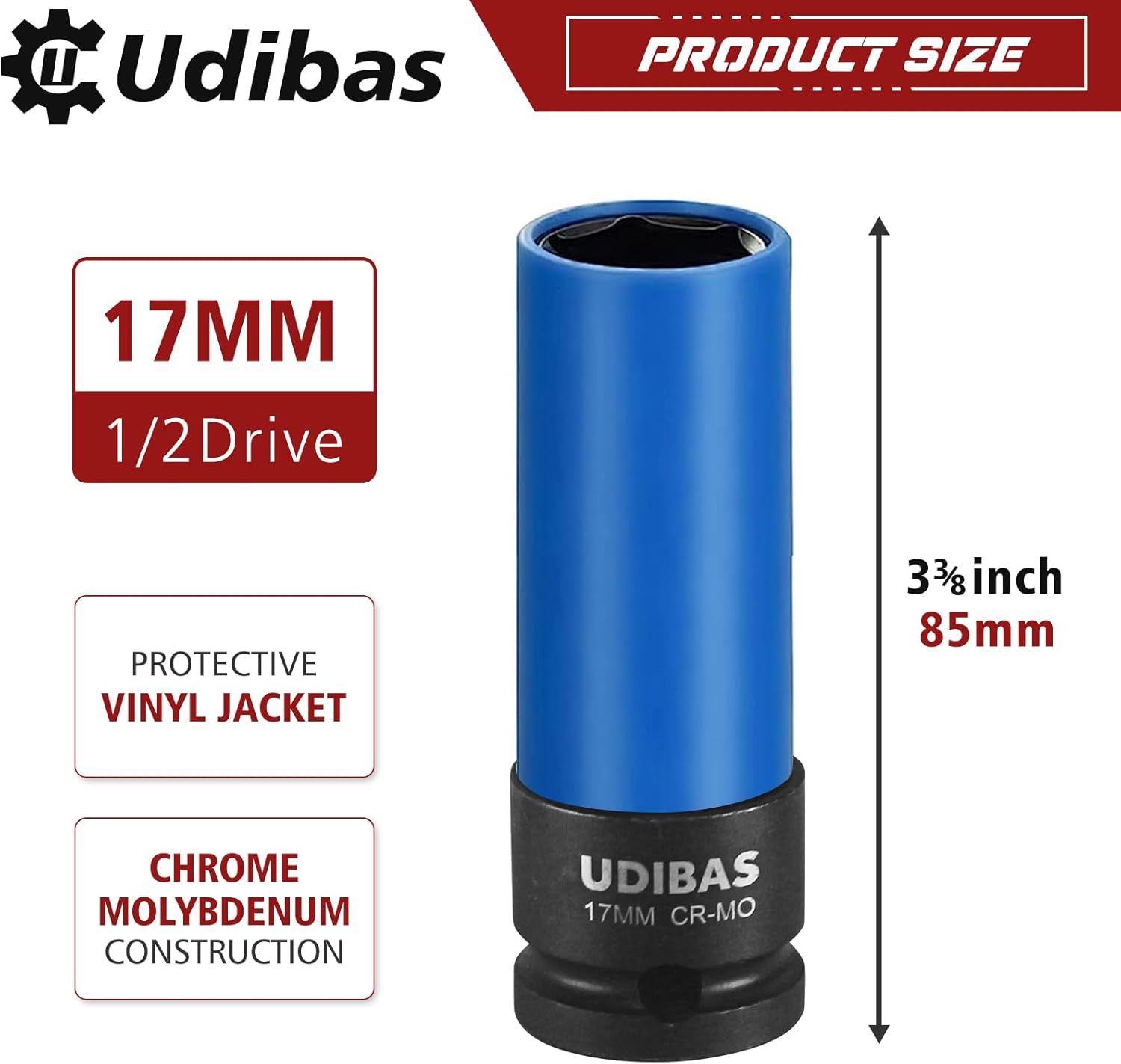 Enchufe de tuerca de impacto de 0.669 in de 12 pulgada, profundo, métrico, con mangas protectoras y material CR-MO de alta resistencia, protector de