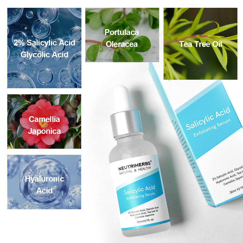 NEUTRIHERBS Suero exfoliante de ácido salicílico, poros sin obstrucciones y minimizados, suero facial para piel grasa y propensa al acné – 1 onza