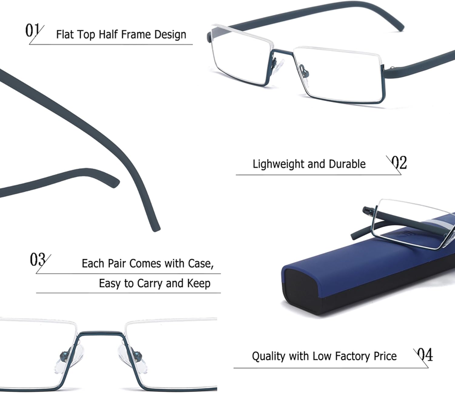 Paquete de 2 lentes de lectura de medio marco para hombres y mujeres, ligeros para lectores de computadora con estuche portátil 2.50