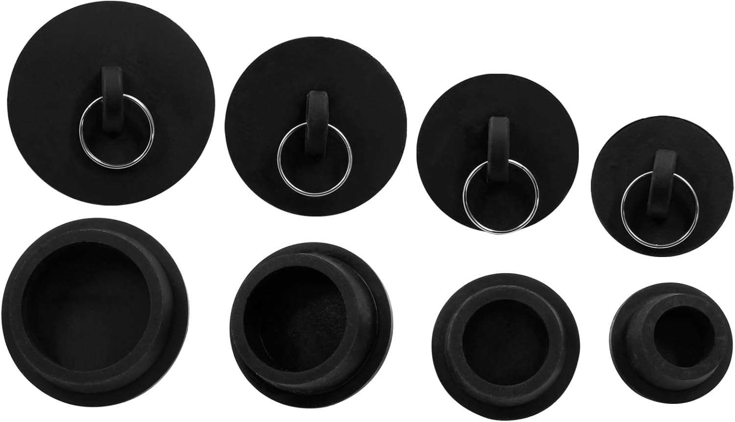 Paquete de 4 tapones de goma para fregadero de bañera, tapones de drenaje de bañera negros con anillo de tracción para cocina, bañera, fregadero de