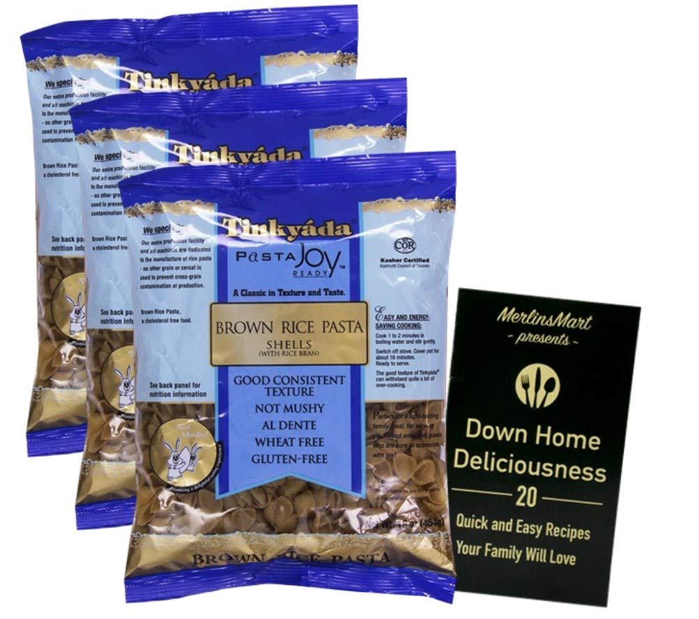 Tinkyada Pasta de arroz integral sin gluten  Conchas (16 onzas)  Paquete de 3 folletos de recetas más