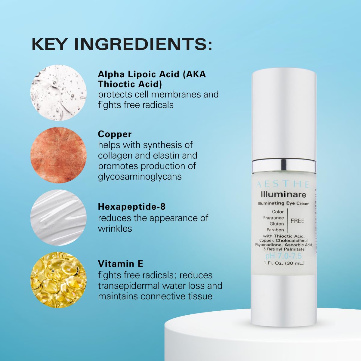 Illuminare – Crema iluminadora para ojos, sin color, sin fragancia, sin gluten, para el cuidado de la piel con ácido tióctico, cobre y más, para