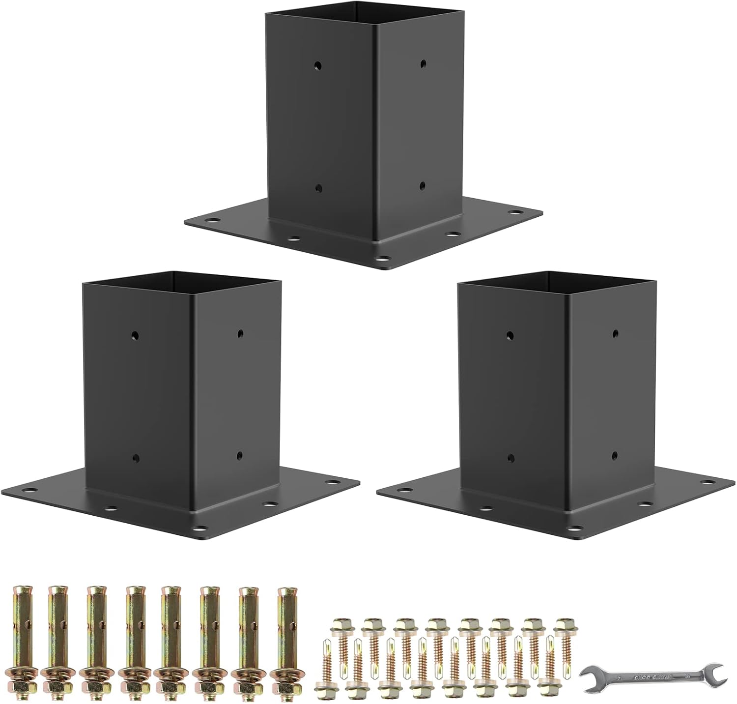 Base de poste de 4 x 4, 3 piezas, tamaño interior de 3.6 x 3.6 pulgadas, soportes de poste de metal resistente con recubrimiento en polvo negro,