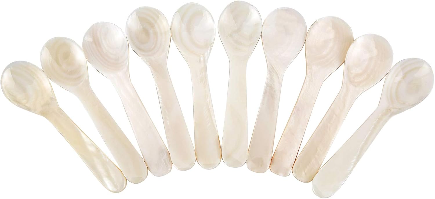 DUEBEL Juego de 10 cucharas de caviar blanco madre perla 2.75 caviar, huevo, porción de café (blanco, 2.8×0.8 in)