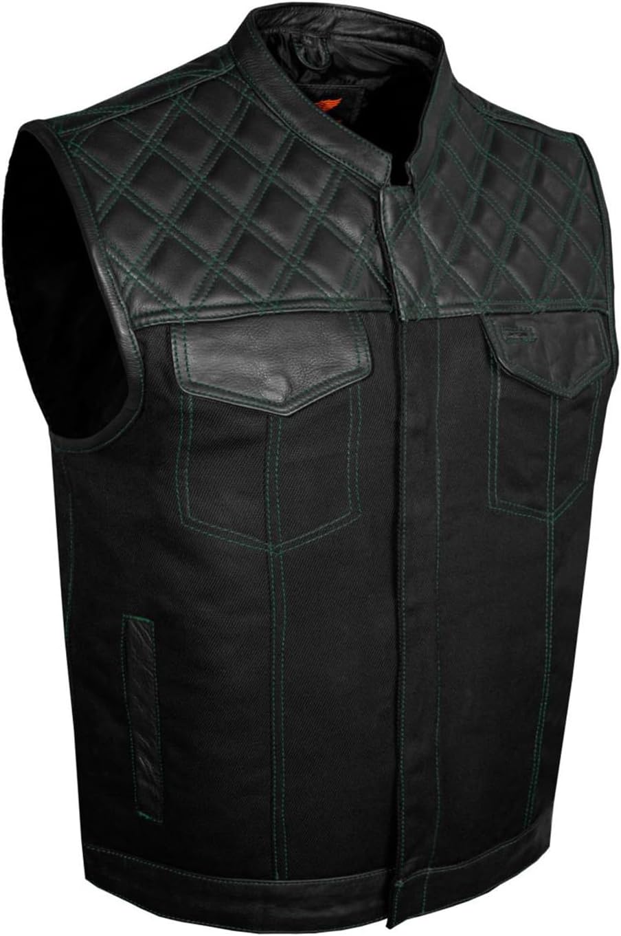 GARGOYLE BELLS Chaleco de moto de mezclilla y cuero para hombre con bolsillos para pistola SOA Biker Club Chaleco con acolchado de diamante para