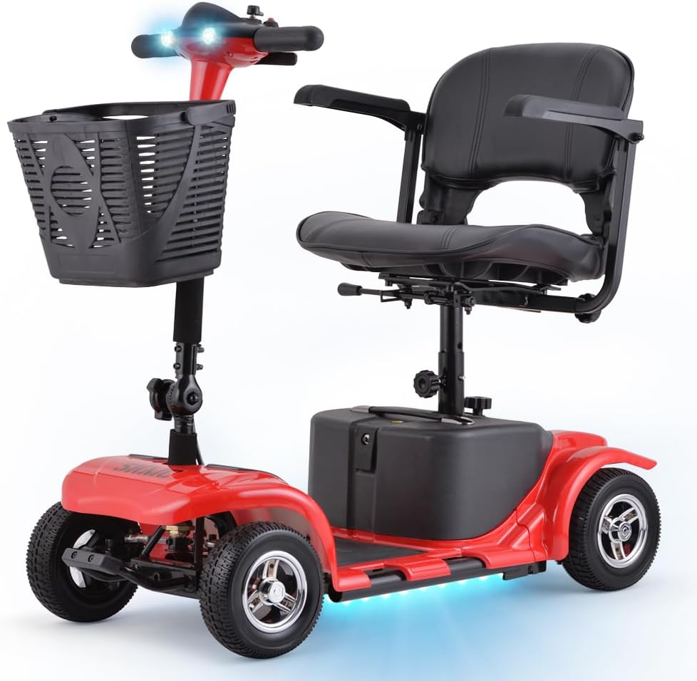 Skmc – Scooter de movilidad para adultos, personas mayores, 4 ruedas, dispositivo cargable eléctrico para viajes, ligero y portátil, con faros LED y