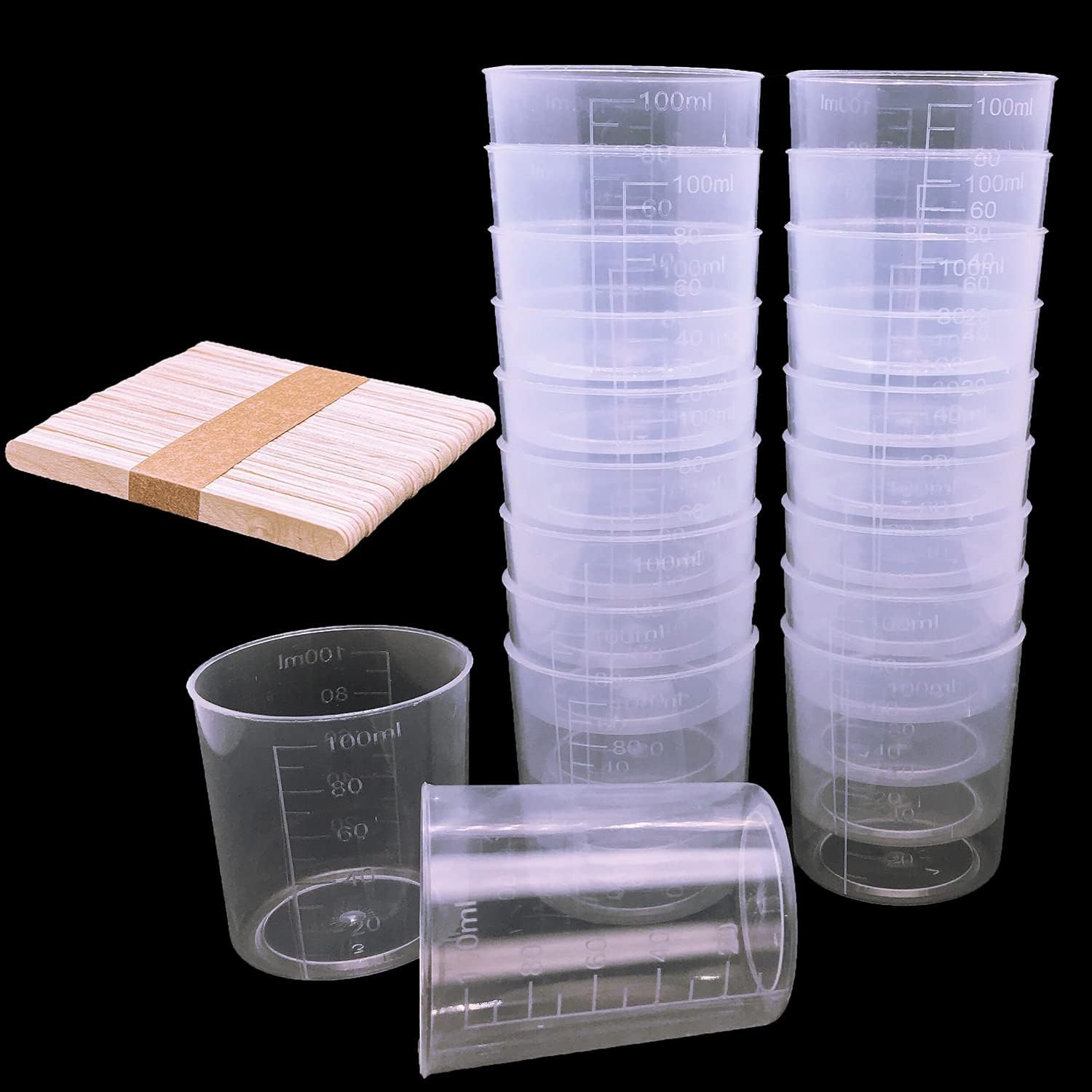 24 vasos transparentes para escamas de 3.4 onzas líquidas, vasos graduados de plástico con 50 varillas de madera para mezclar pintura epoxi, resina,