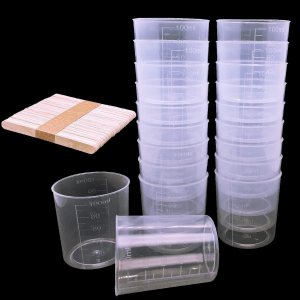 24 vasos transparentes para escamas de 3.4 onzas líquidas, vasos graduados de plástico con 50 varillas de madera para mezclar pintura epoxi, resina, 24 vasos transparentes para escamas de 3.4 onzas líquidas, vasos graduados de plástico con 50 varillas de madera para mezclar pintura epoxi, resina,