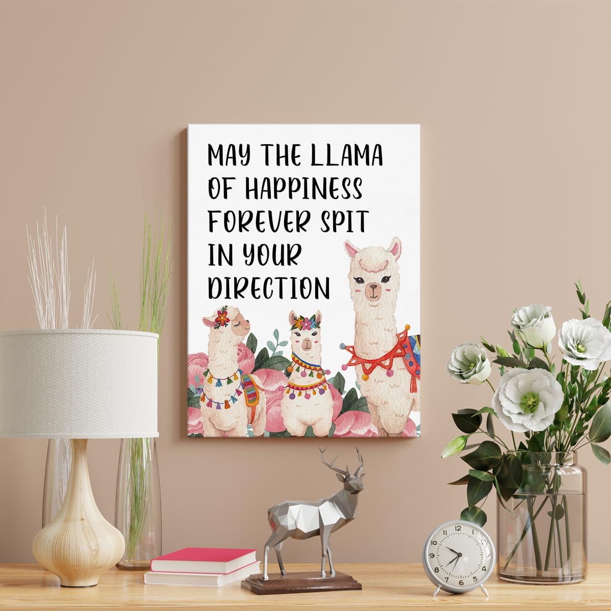 Arte inspirador motivacional para pared, póster con texto en inglés “May the Llama of Happines”, pintura enmarcada para decoración del hogar, 12 x