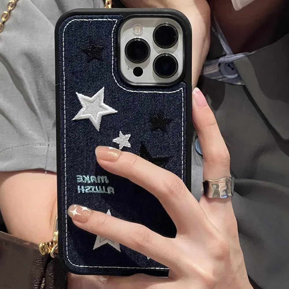 Casechics Funda compatible con iPhone, funda de silicona con bordado de tela vaquera fresca, protección para lente de cámara, suave a prueba de