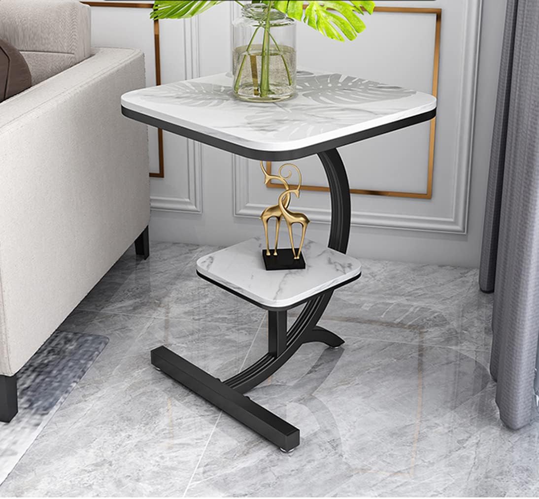 Mesa auxiliar de sofá de mármol de lujo de 2 niveles para sala de estar, sofá, mesa auxiliar, mesita de noche (blanco + negro)