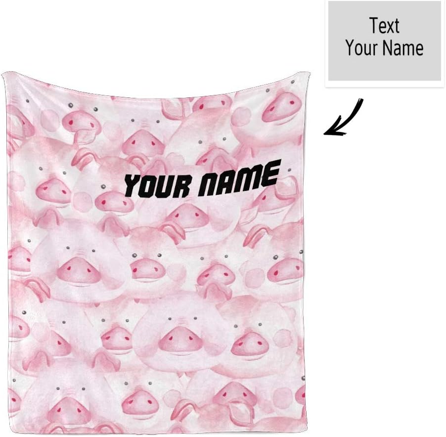 CUXWEOT Manta personalizada con texto de nombre, manta de forro polar súper suave personalizada con patrón de cerdo rosa para sofá, cama (50 x 60