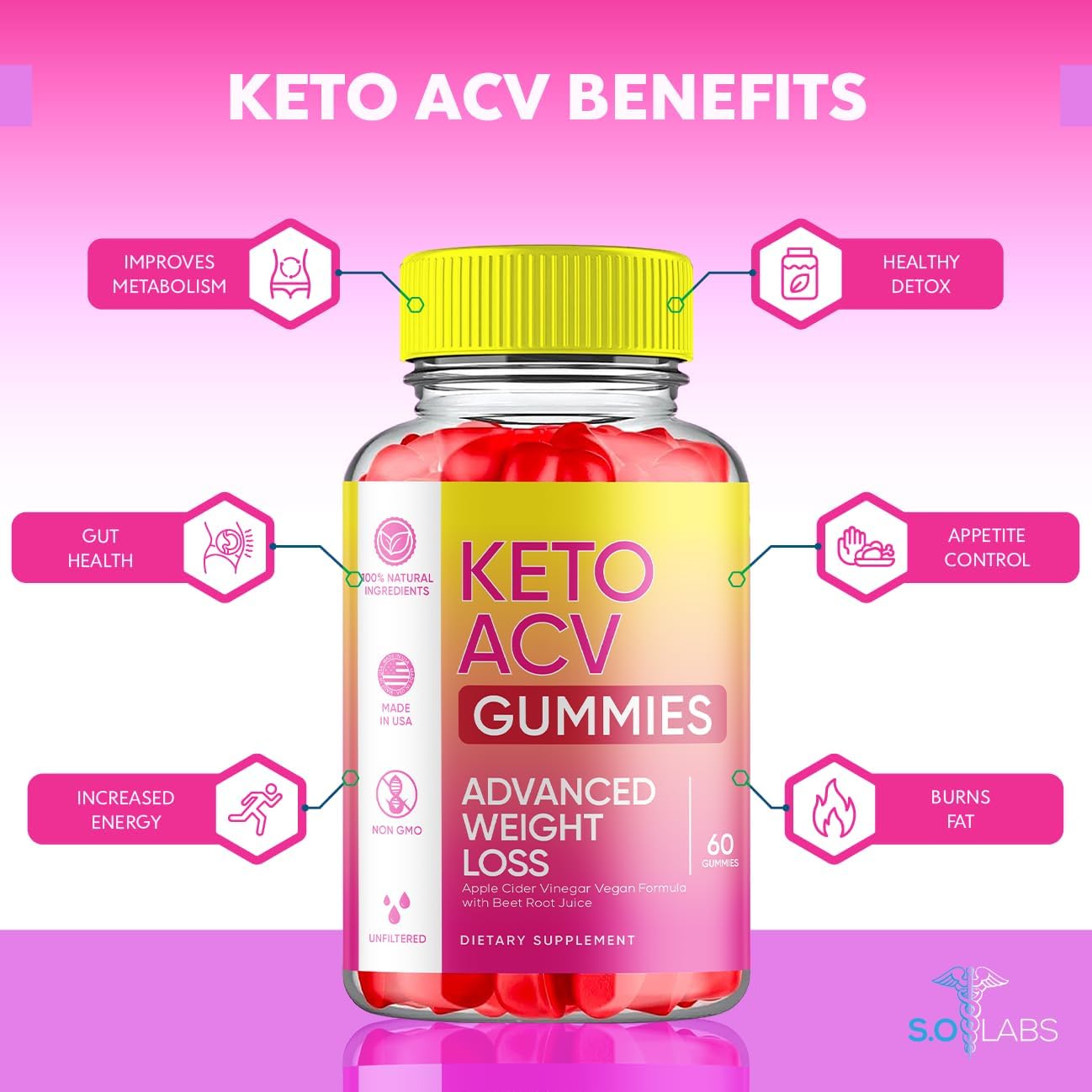 S.O Labs Keto ACV Gummies pérdida de peso avanzada, dieta quemador de grasa del vientre, suplemento de vinagre de sidra de manzana, keto+ACV